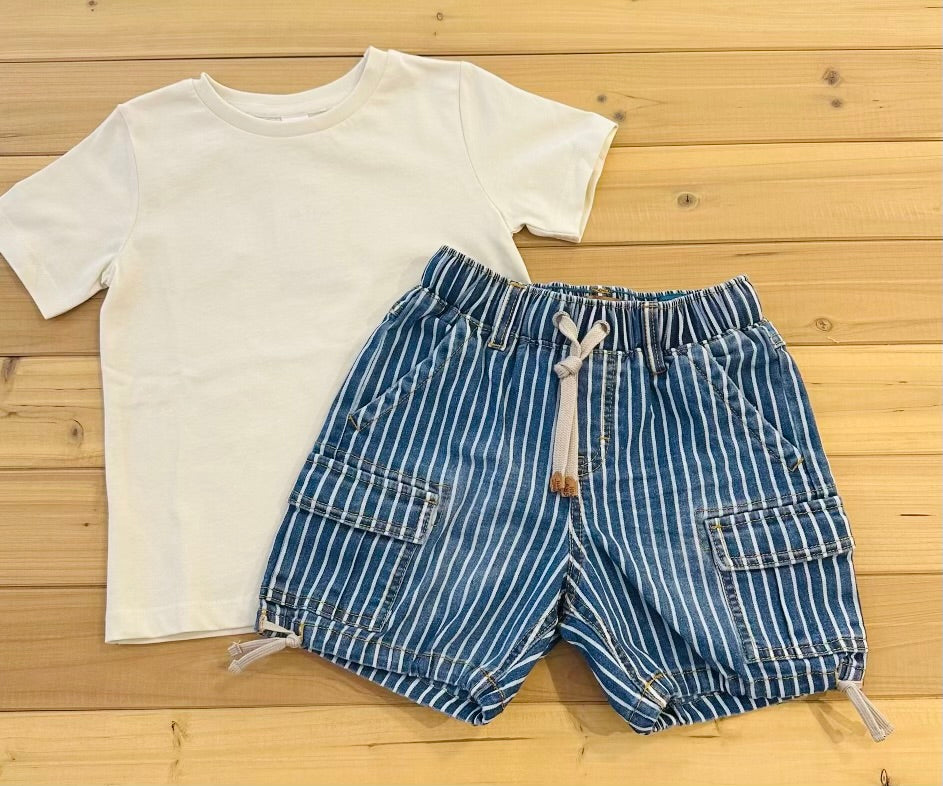 Blue and white striped railroad denim bermuda shorts