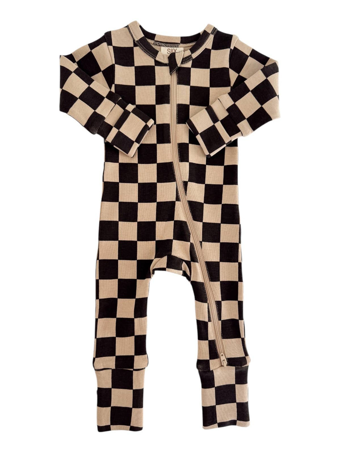 Tiramisu/Black Checkerboard 2-Way Zip Romper