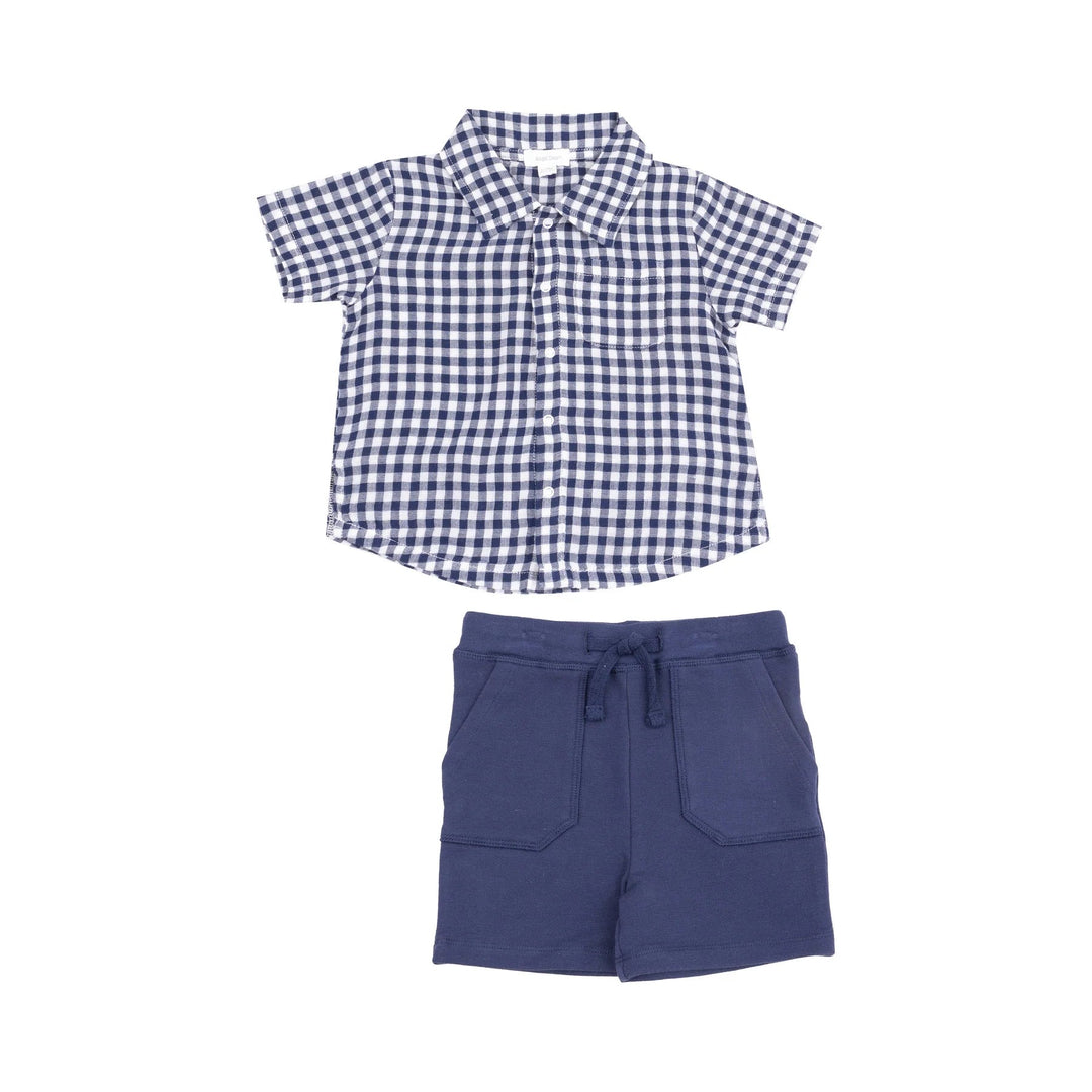 Navy Gingham Button Down Polo w/ Shorts