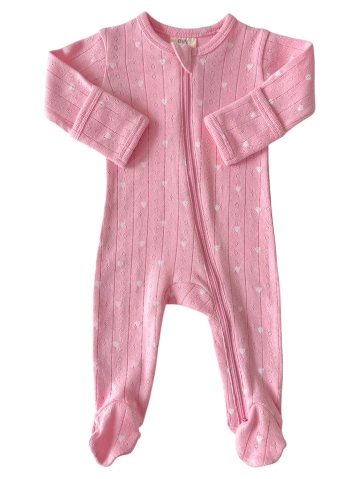 Pink with White Heart - Organic Pointelle 2-Way Zip Footie