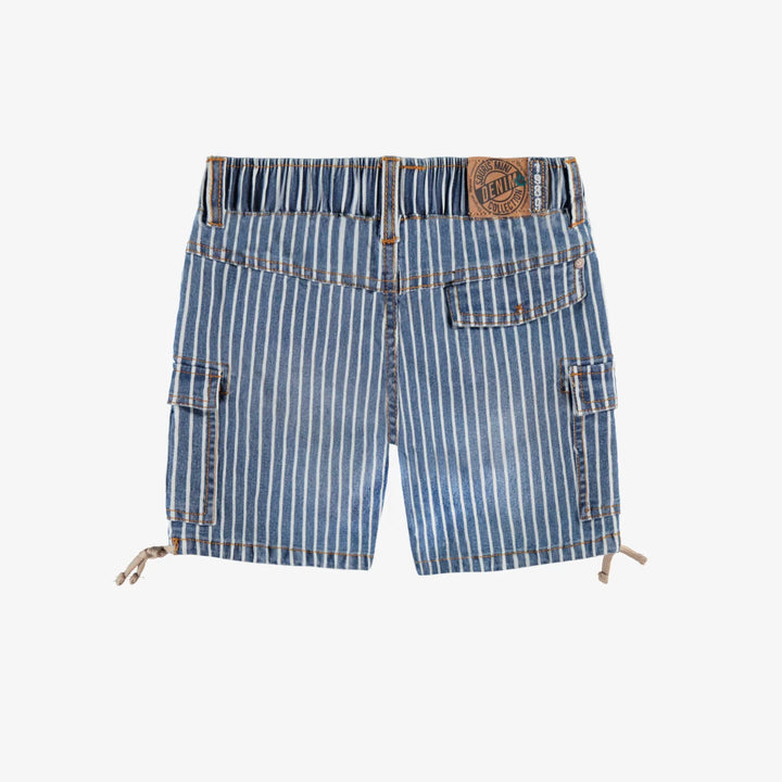 Blue and white striped railroad denim bermuda shorts