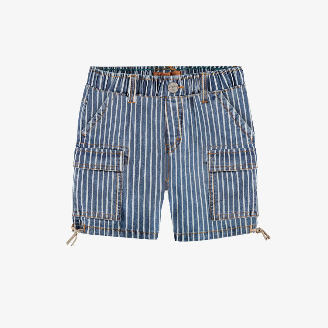Blue and white striped railroad denim bermuda shorts