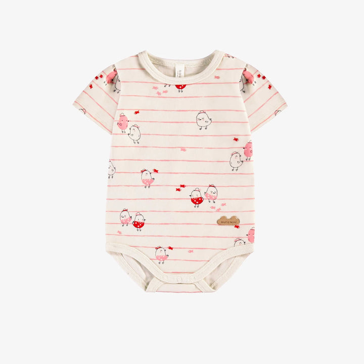 Cream bodysuit with pink stripes and all over print