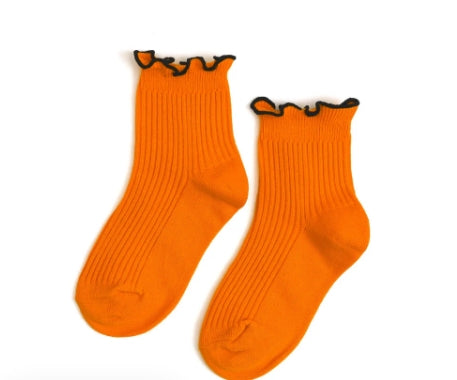 Ribbed Lettuce Trim Midi Socks - Orange/Black