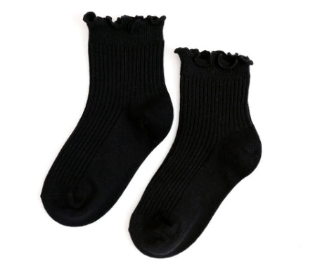 Ribbed Lettuce Trim Midi Socks - Black