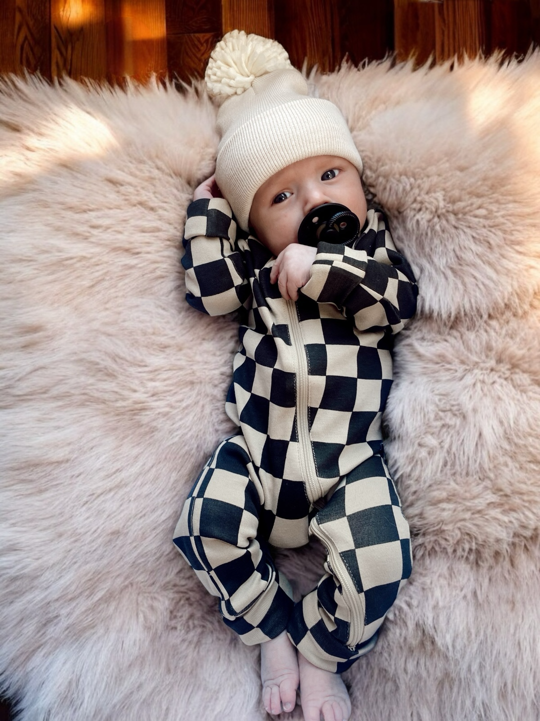 Tiramisu/Black Checkerboard 2-Way Zip Romper