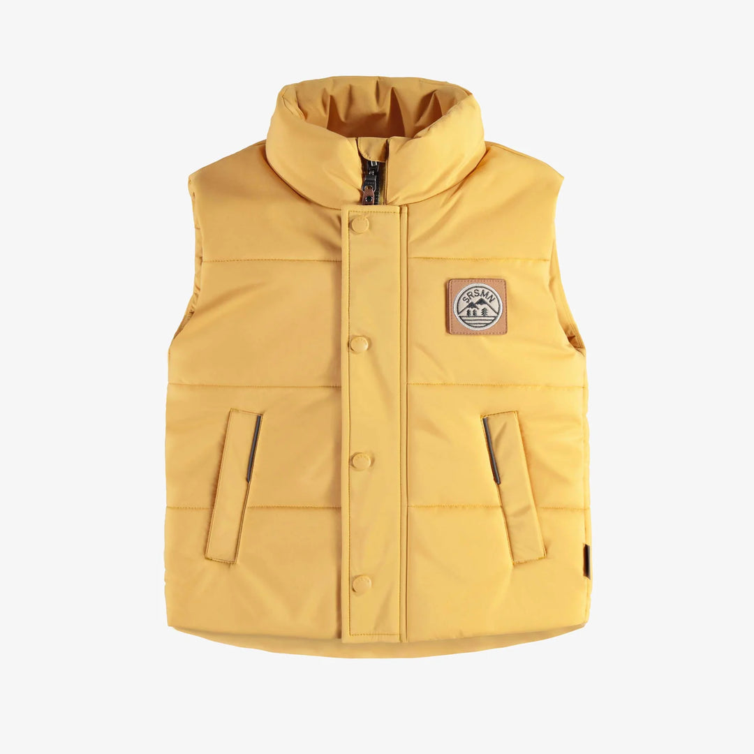 Yellow sleeveless puffer with high collar in polyester