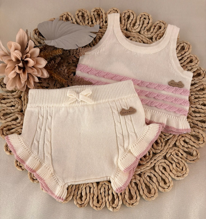 Cream Knitted Short with Ruffles