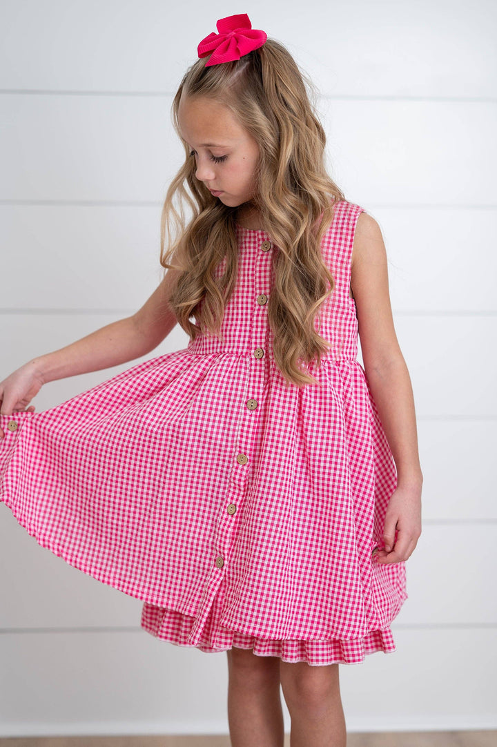Kids Brooke Hot Pink Gingham Check Pocket Spring Dress: 2