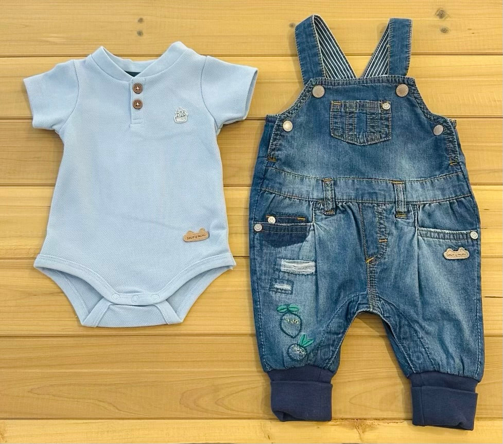 Medium blue evolutive denim overalls with faded effect