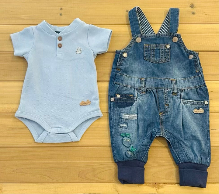 Medium blue evolutive denim overalls with faded effect