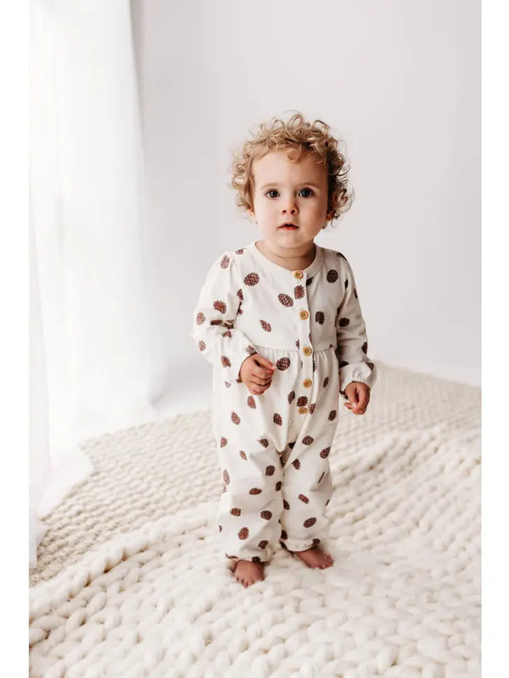 Gathered Button Romper - Pinecones