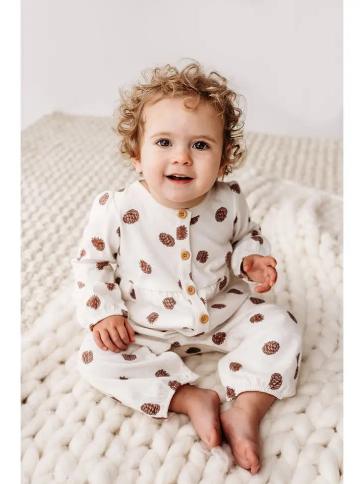 Gathered Button Romper - Pinecones