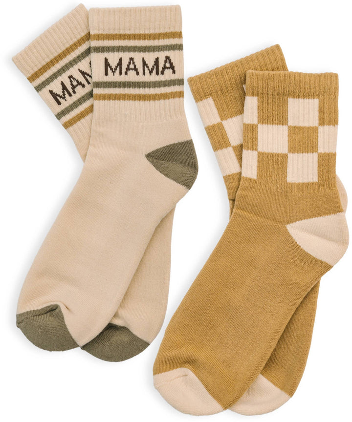 Womens Half-Crew Socks 2-Pack, Checkered & Mama Stripe: One Size