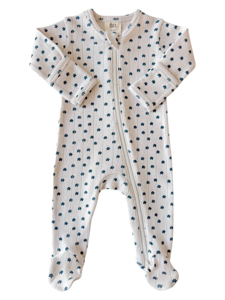 Blue Flower - Organic Pointelle 2-Way Zip Footie