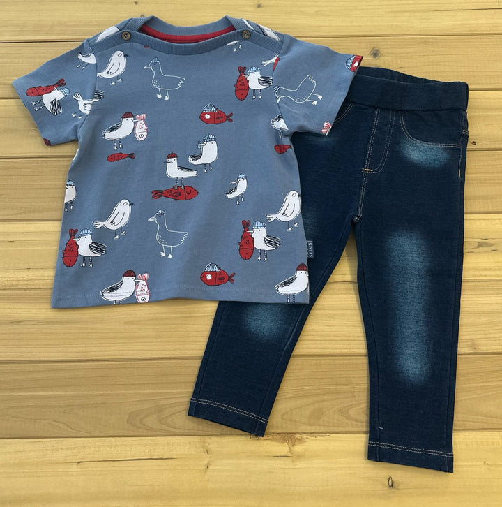 Blue T-Shirt in Jersey with Seagull all Over Print
