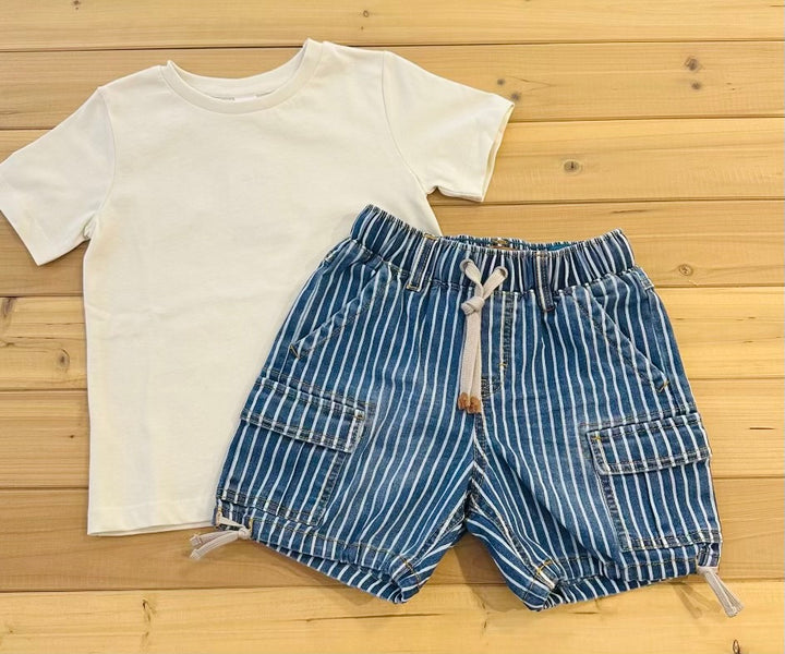 Blue and white striped railroad denim bermuda shorts
