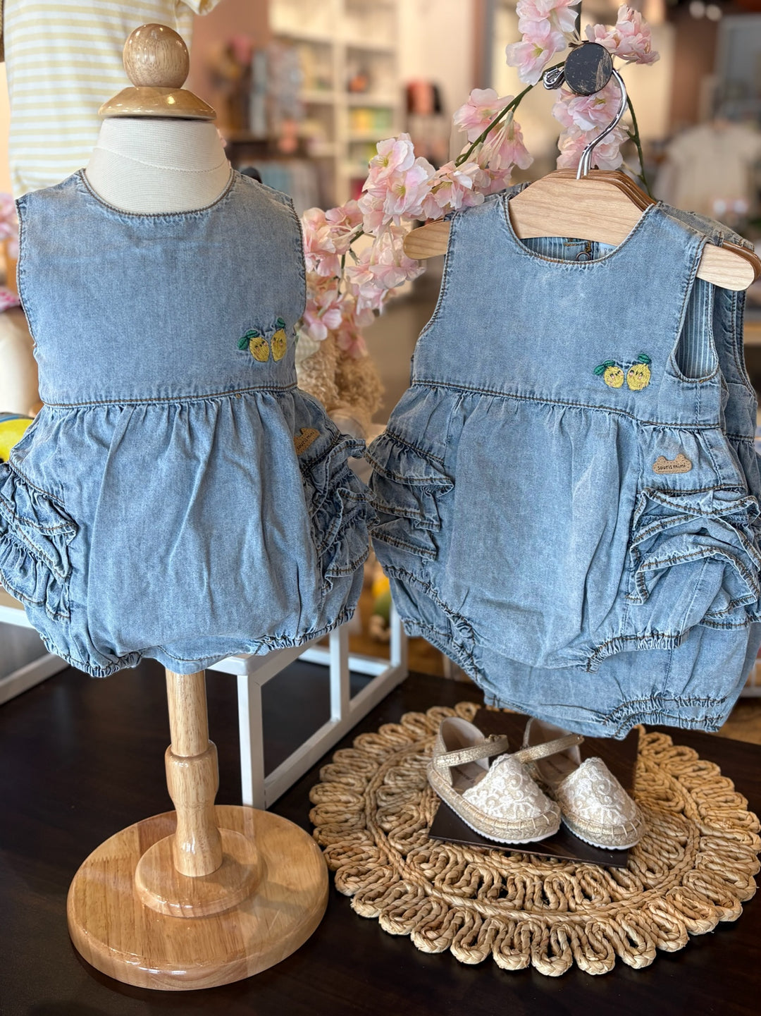Pale Blue Romper in Denim with Ruffles