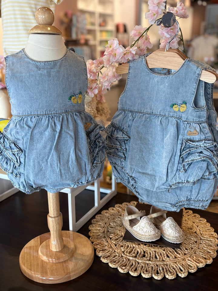 Pale Blue Romper in Denim with Ruffles