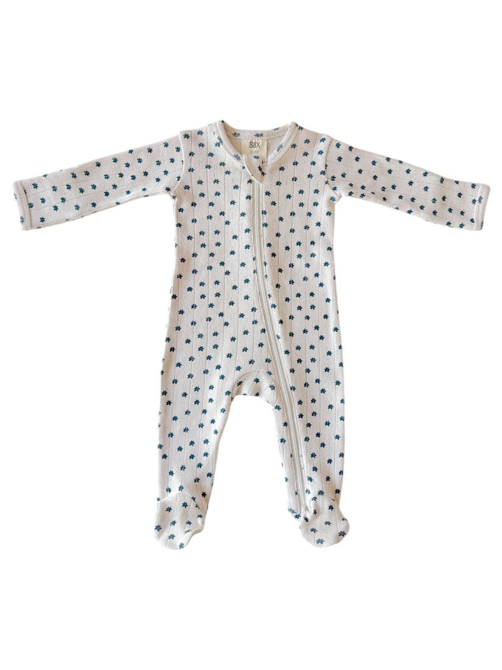 Blue Flower - Organic Pointelle 2-Way Zip Footie