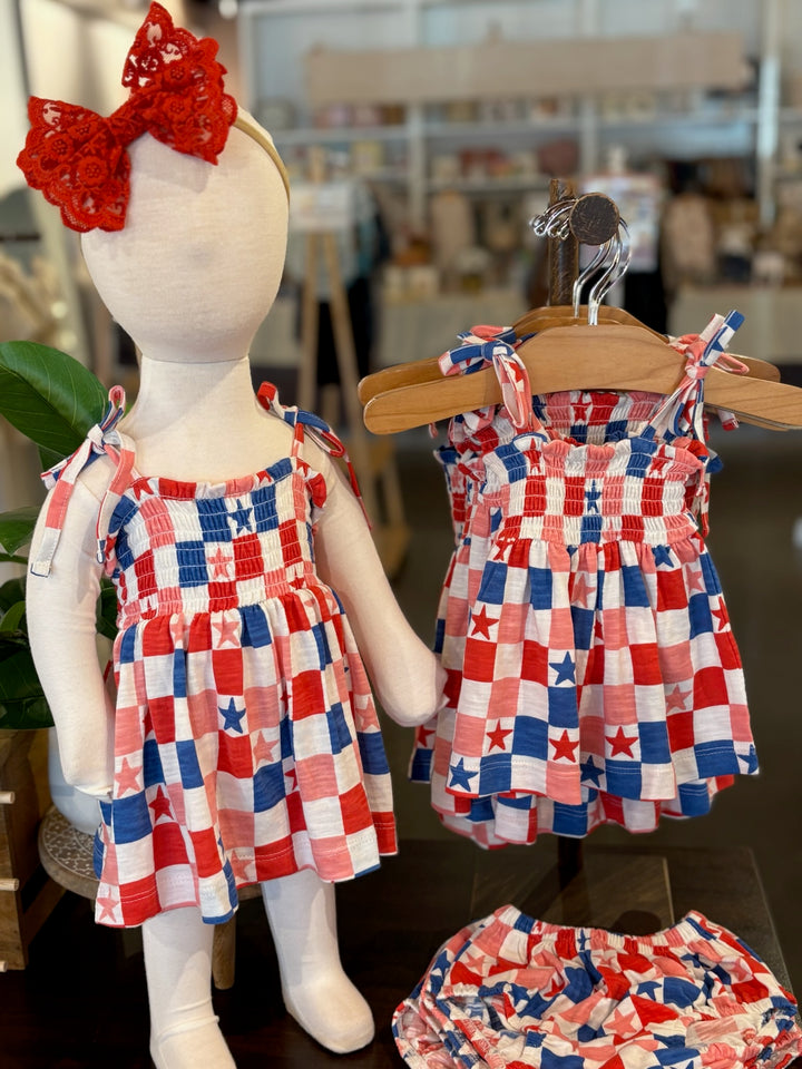Organic Smocked Set - Red, White, Blue & Pink Checkerboard