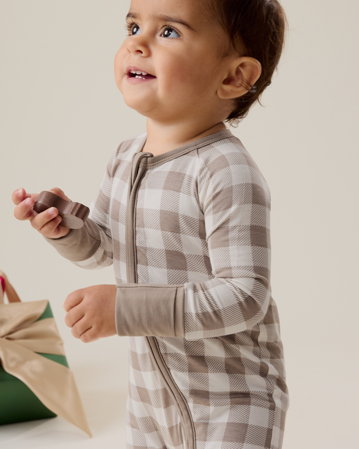 Bamboo Baby Pajama Holiday Print -  Taupe Gingham
