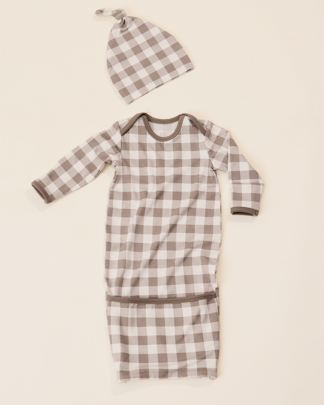 Holiday Colors Cozy Bamboo Baby Gown & Hat - Taupe Gingham