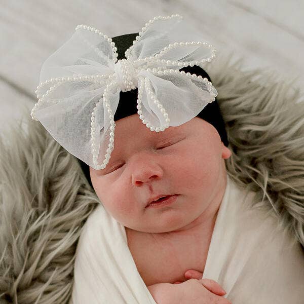 White Chiffon Pearl Bow Newborn Girl Hospital