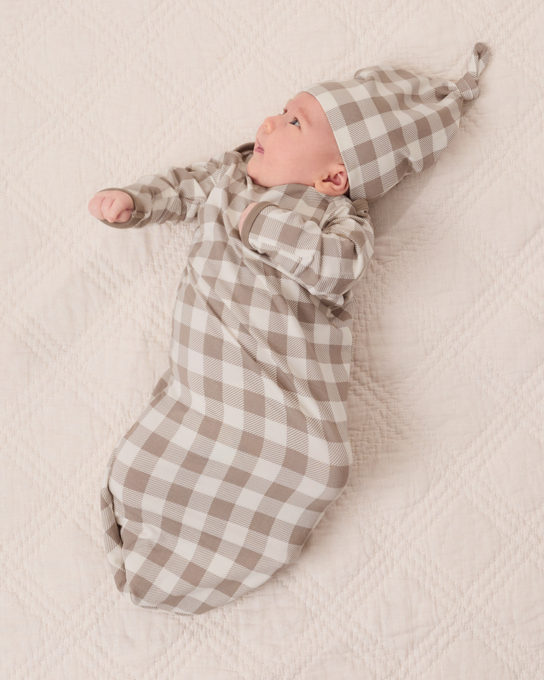 Holiday Colors Cozy Bamboo Baby Gown & Hat - Taupe Gingham