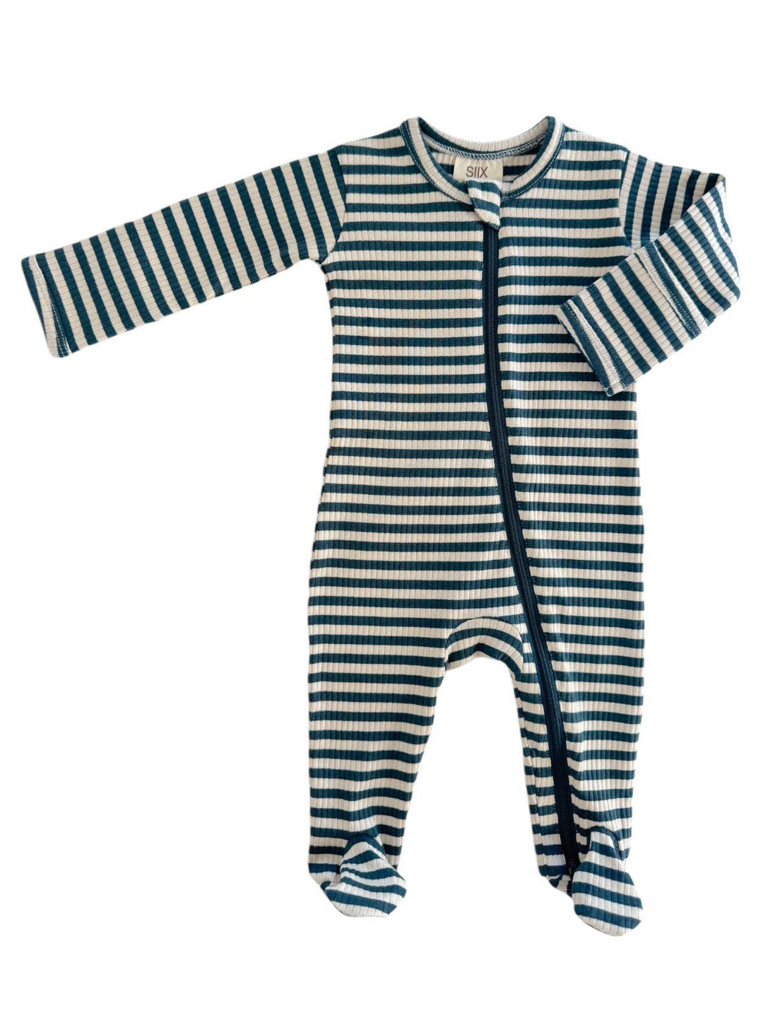 Steel Blue Stripe -  Ribbed Zip Footie