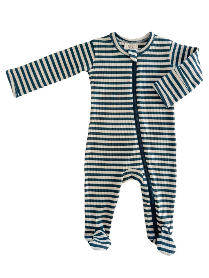 Steel Blue Stripe -  Ribbed Zip Footie