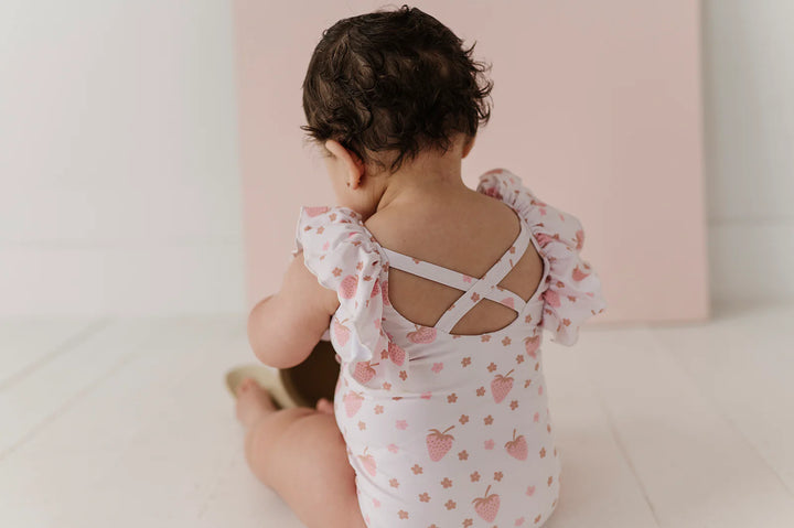 Girl's Ruffle Sleeve Cross Back Swimsuit - Strawberries