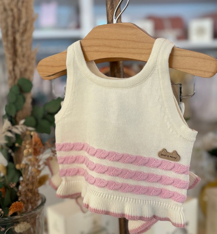 Cream Knitted Tank Top with Pink Stripes