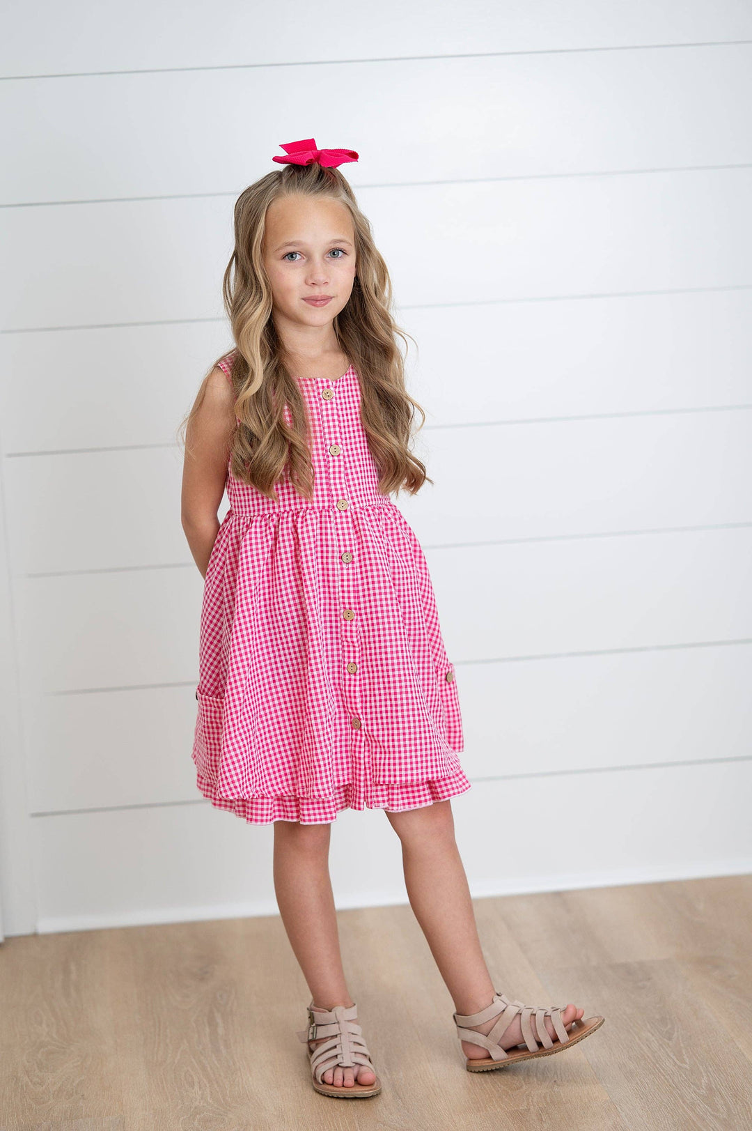 Kids Brooke Hot Pink Gingham Check Pocket Spring Dress: 2