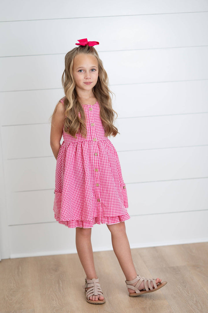 Kids Brooke Hot Pink Gingham Check Pocket Spring Dress: 2