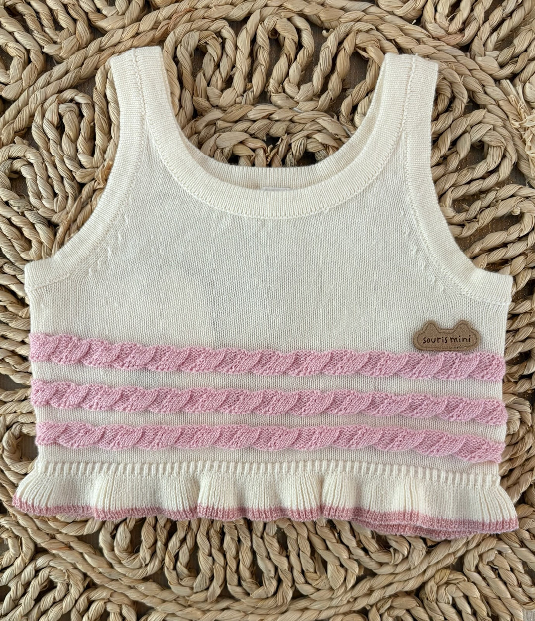 Cream Knitted Tank Top with Pink Stripes
