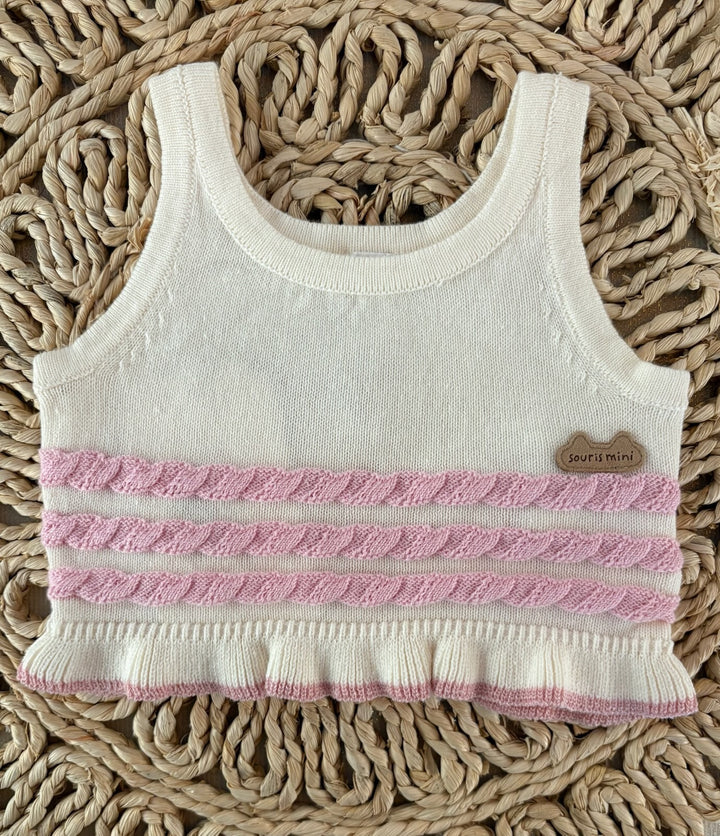 Cream Knitted Tank Top with Pink Stripes