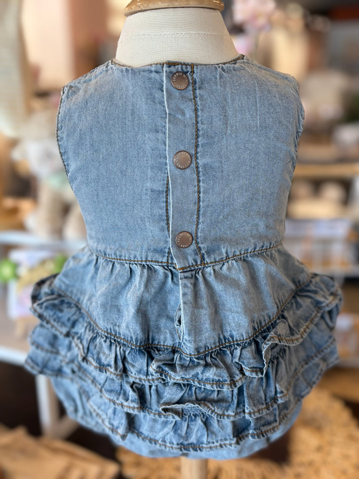 Pale Blue Romper in Denim with Ruffles