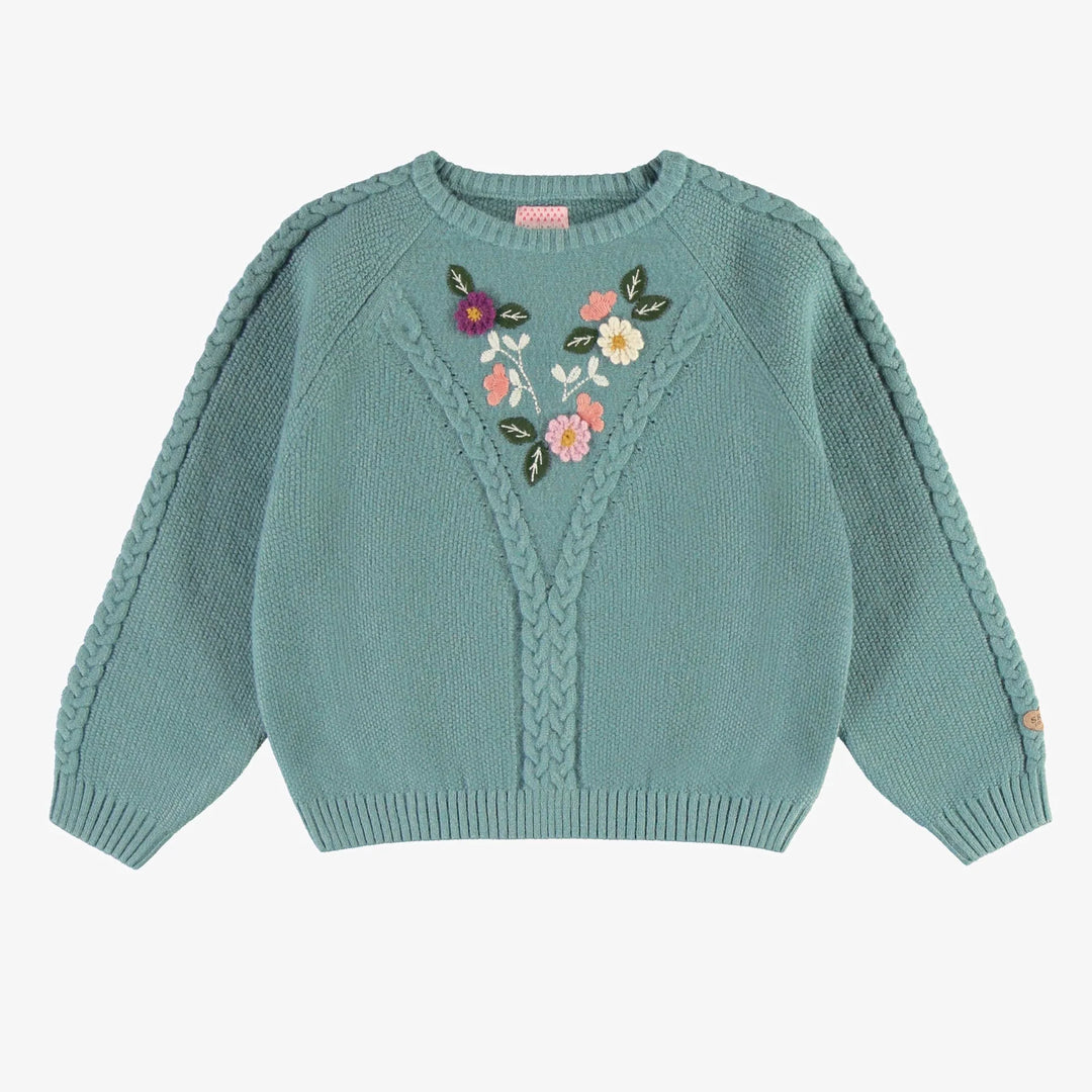 Ash Blue Knit Sweater with Embroidery & Crochet