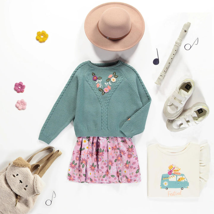 Ash Blue Knit Sweater with Embroidery & Crochet