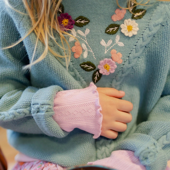 Ash Blue Knit Sweater with Embroidery & Crochet