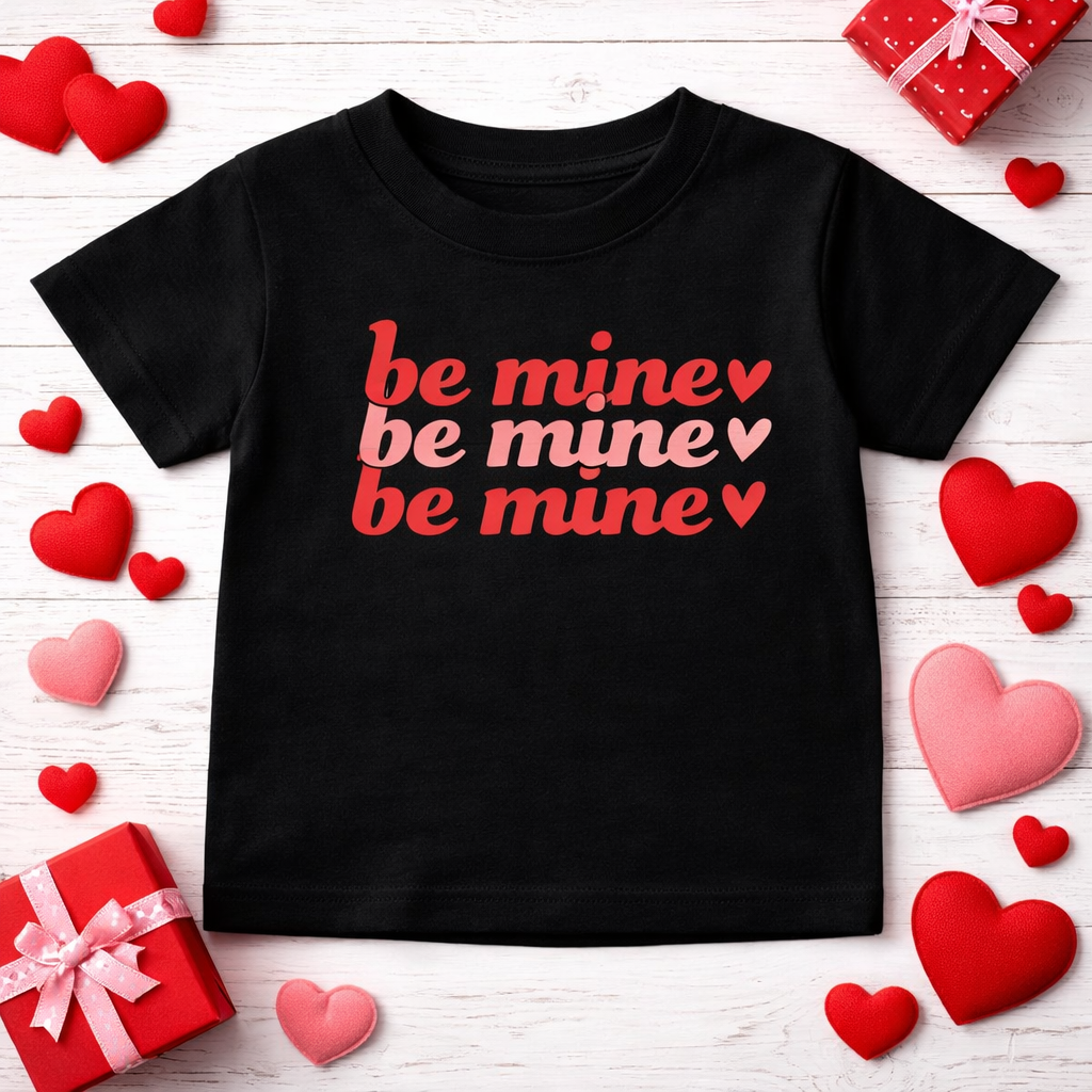 Black t-shirt with 'be mine' text surrounded by heart-shaped decorations on a white background