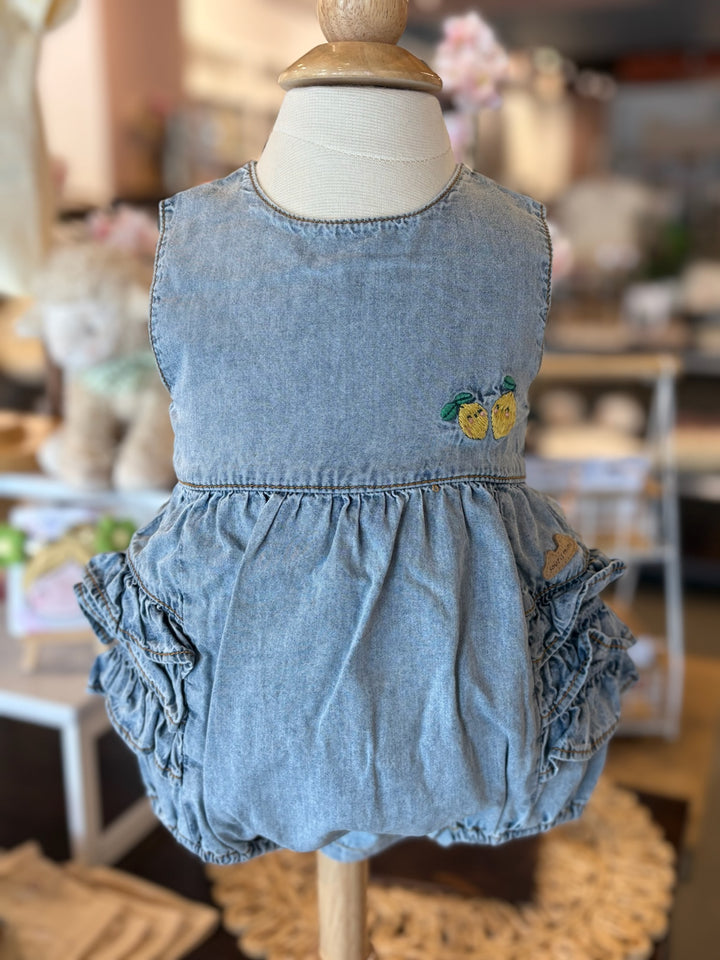 Pale Blue Romper in Denim with Ruffles