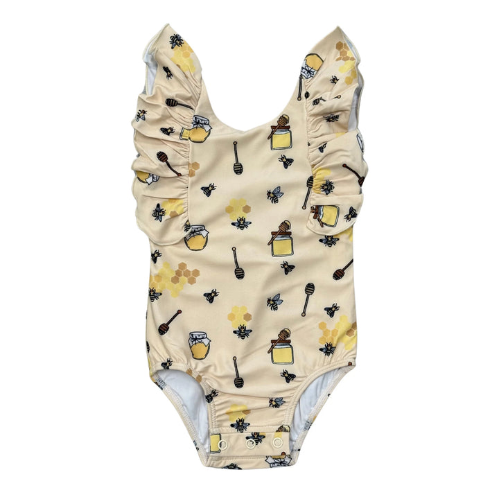 Girl's Ruffle Sleeve Cross Back Swimsuit - Honey Bees