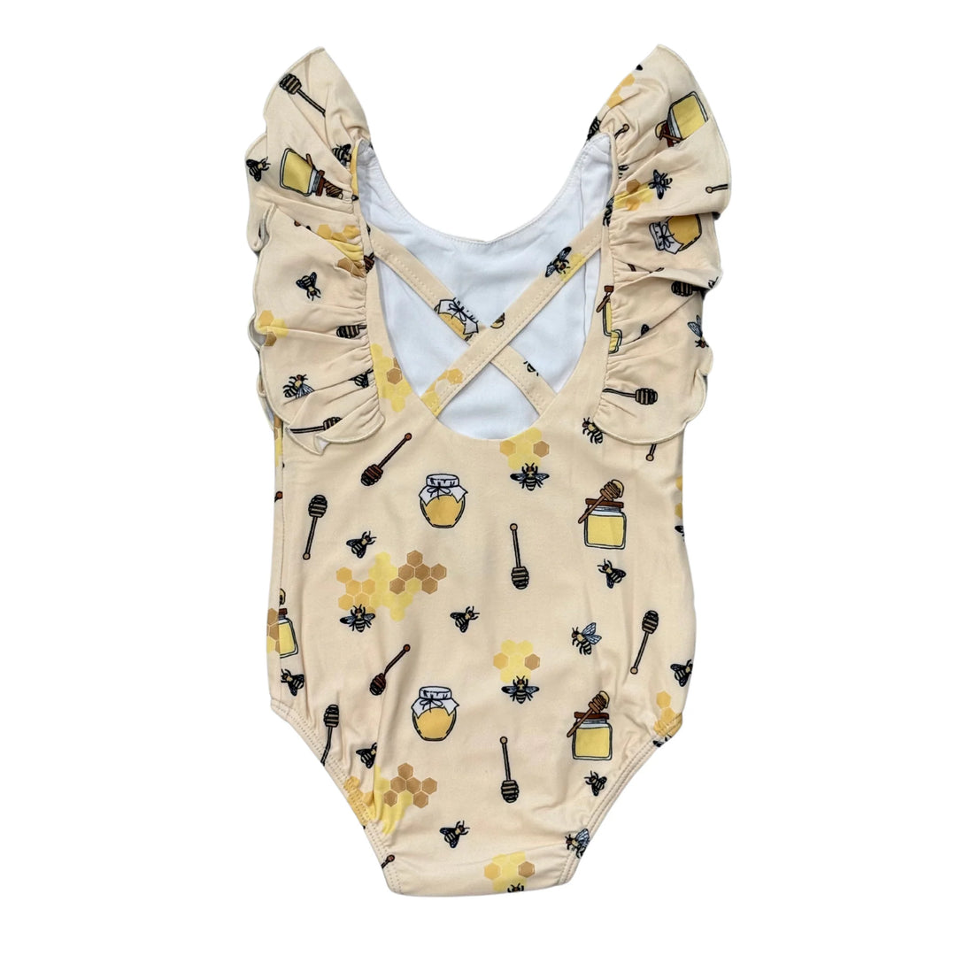 Girl's Ruffle Sleeve Cross Back Swimsuit - Honey Bees