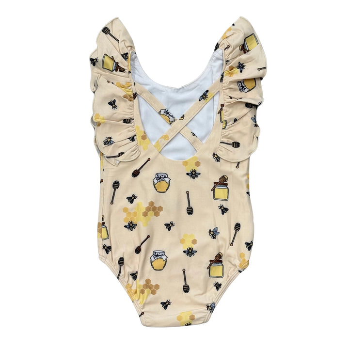 Girl's Ruffle Sleeve Cross Back Swimsuit - Honey Bees