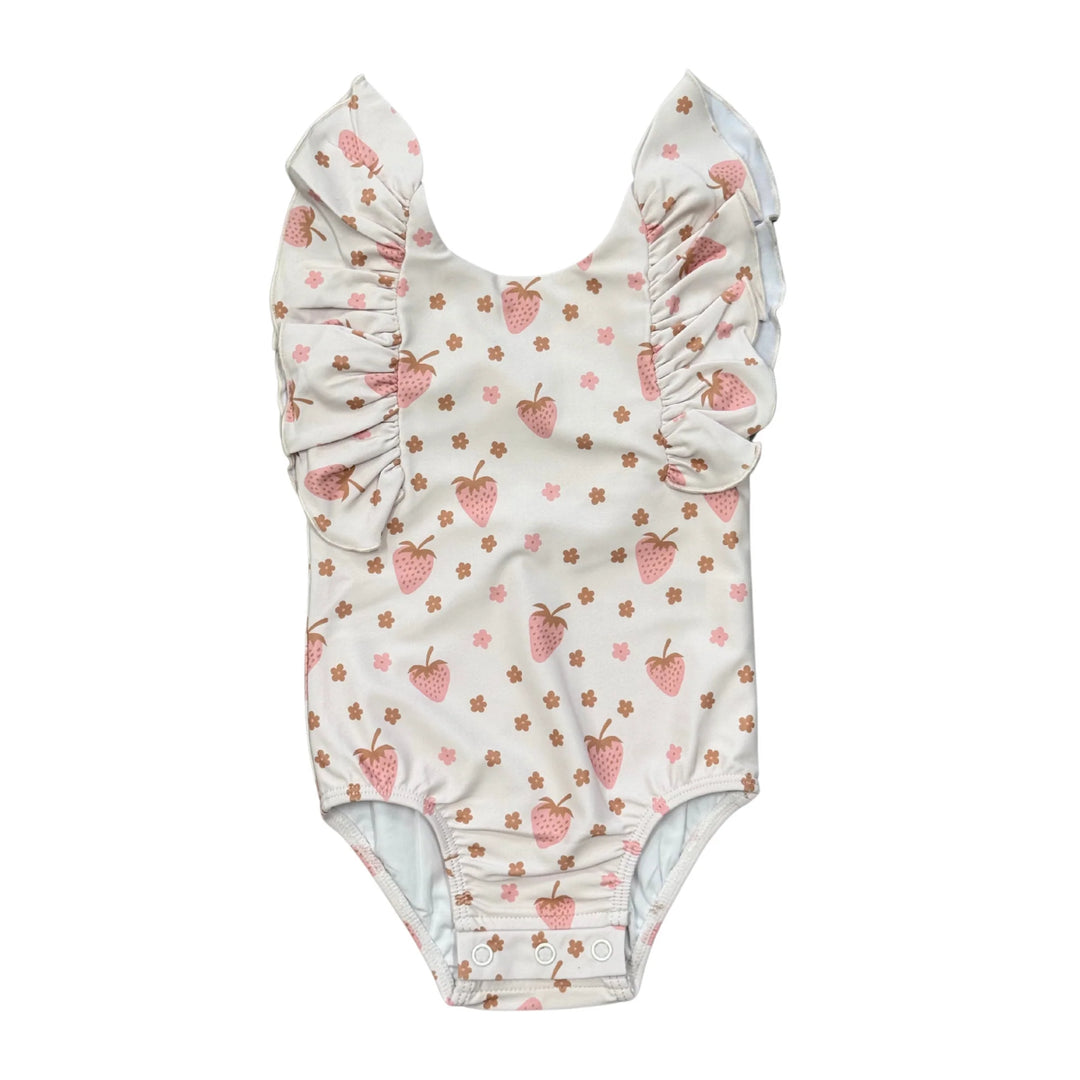 Girl's Ruffle Sleeve Cross Back Swimsuit - Strawberries