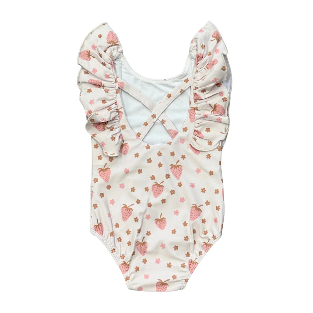Girl's Ruffle Sleeve Cross Back Swimsuit - Strawberries