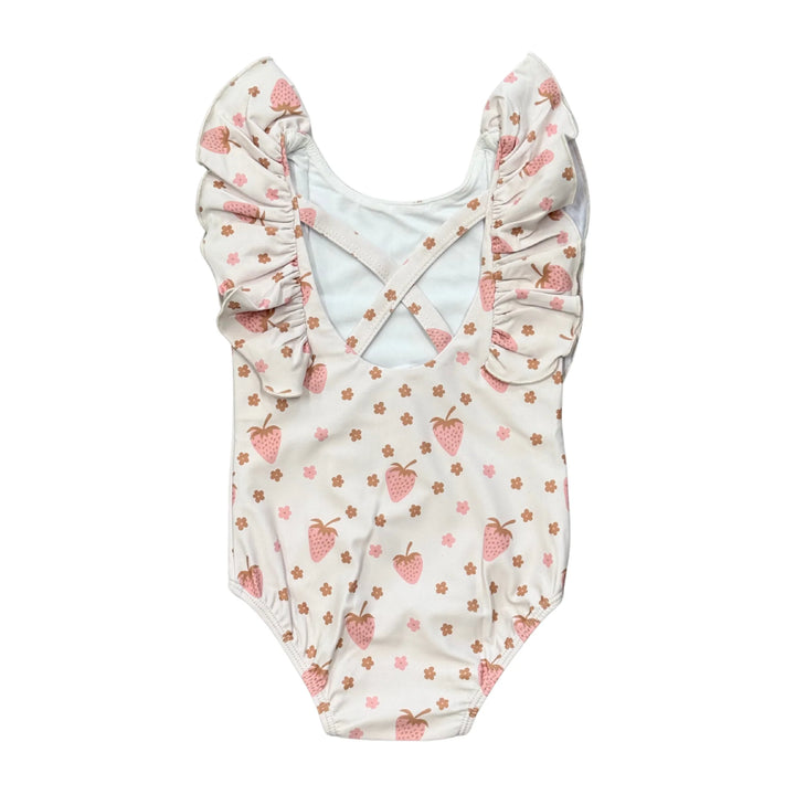 Girl's Ruffle Sleeve Cross Back Swimsuit - Strawberries
