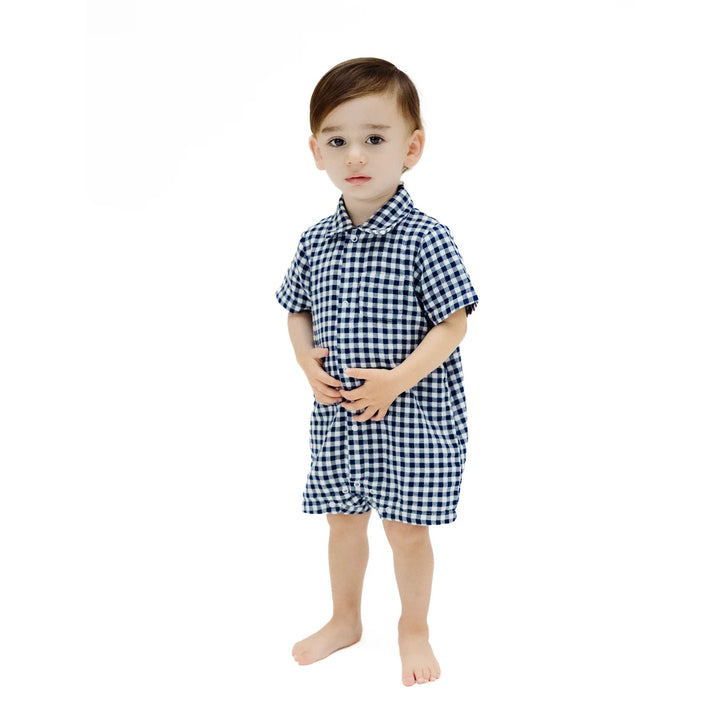 Navy Gingham Button Down Polo Shortie